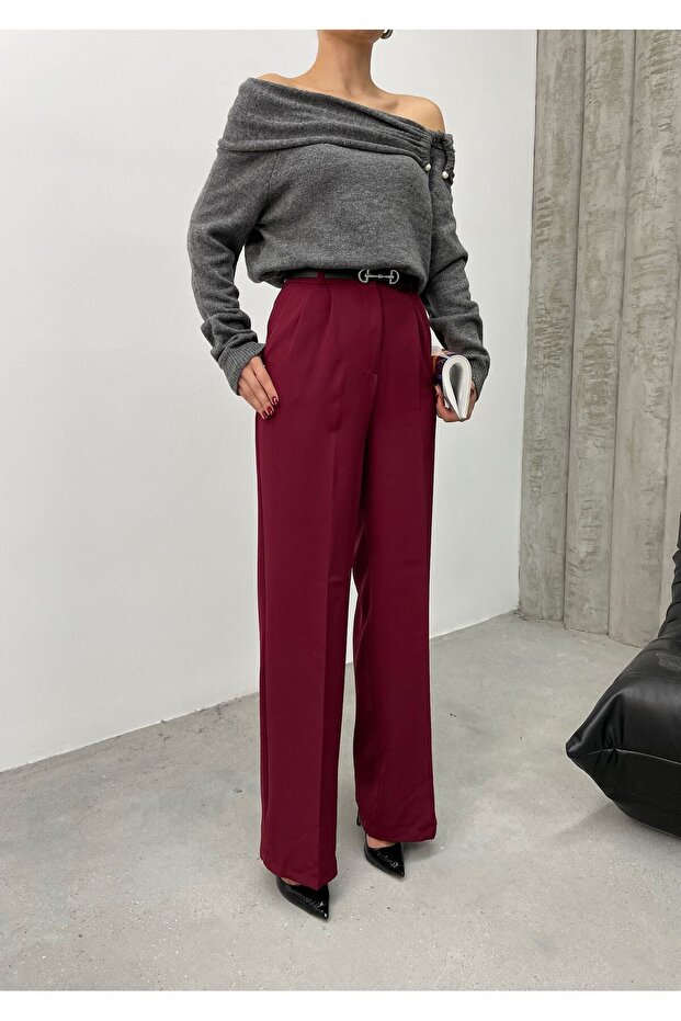 Belted High Waist Burgundy Fabric Palazzo Pants