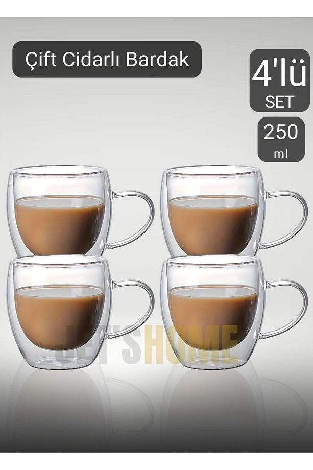 4’lü Set Kulplu Cappuccino Bardağı Latte Bardağı Çift Cidarlı Americano Bardağı 250 ml Kahve Bardak - 1