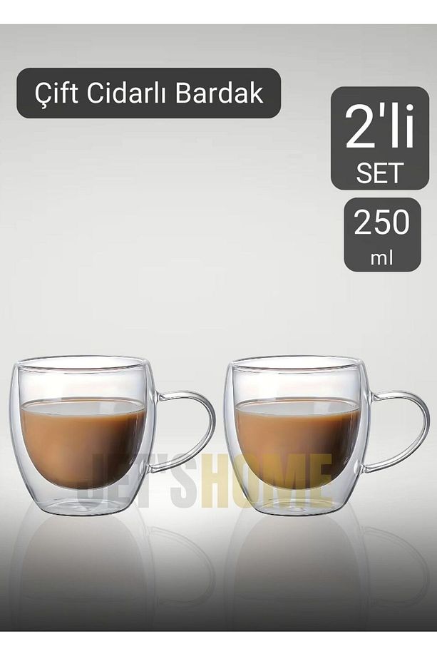 2’li Set Kulplu Cappuccino Bardağı Latte Bardağı Çift Cidarlı Americano Bardağı 250 ml Kahve Bardak - 1