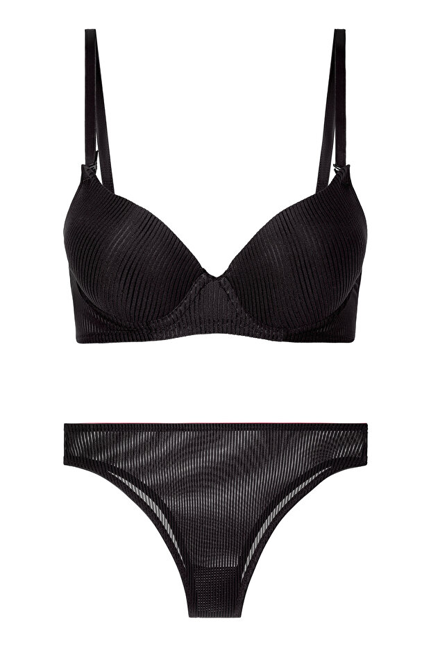 Ribbed Patterned Supported Basic Black Bra Set - 5