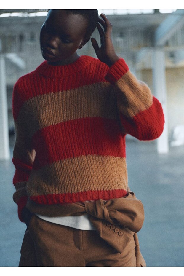 Kalın triko çizgili kazak - 1