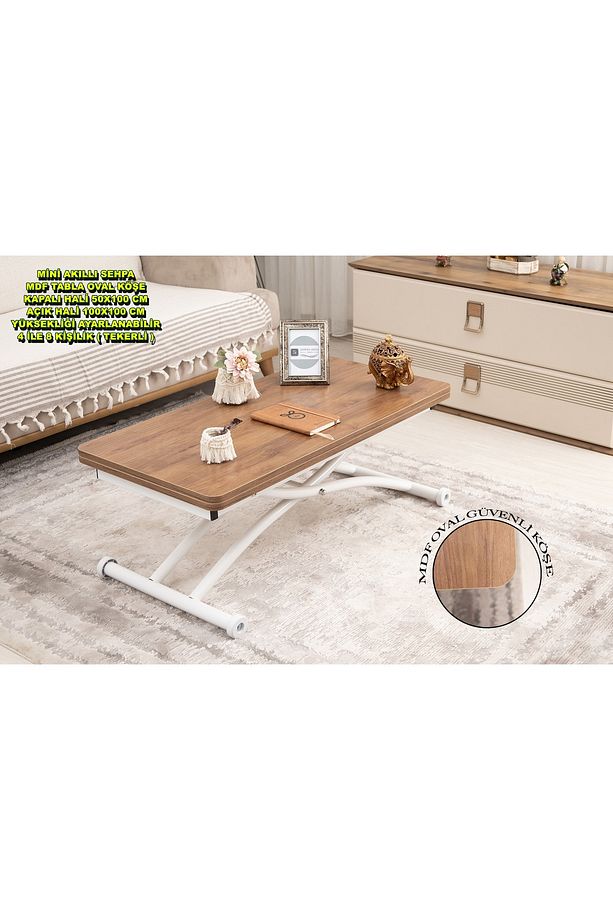 Akıllı Sehpa Mini Juppo Üst Tabla Mdf Ceviz Oval Köşe Alt Ayak Beyaz Dışa Kıvrım - 1