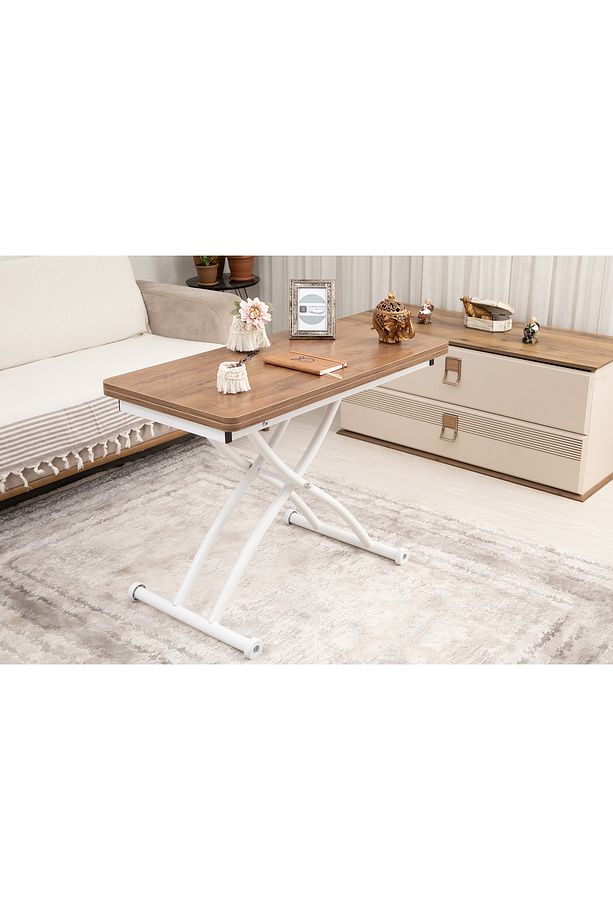 Akıllı Sehpa Mini Juppo Üst Tabla Mdf Ceviz Oval Köşe Alt Ayak Beyaz Dışa Kıvrım - 2