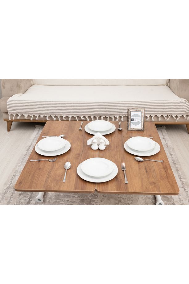 Akıllı Sehpa Mini Juppo Üst Tabla Mdf Ceviz Oval Köşe Alt Ayak Beyaz Dışa Kıvrım - 5