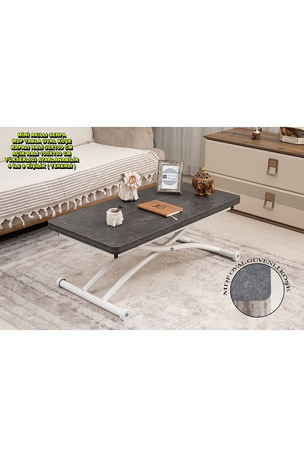 Akıllı Sehpa Mini Juppo Üst Tabla Mdf Kartal Oval Köşe Alt Ayak Beyaz Dışa Kıvrım - 1