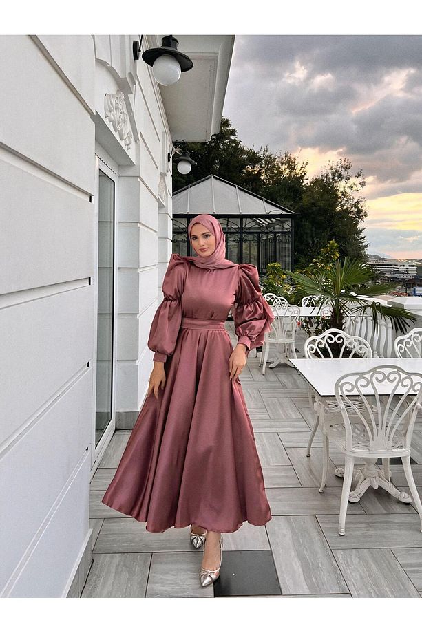 Kadın Gül Kurusu Bera Tesettür Abiye ,elbise,mezuniyet,balo,gece Elbisesi - 5