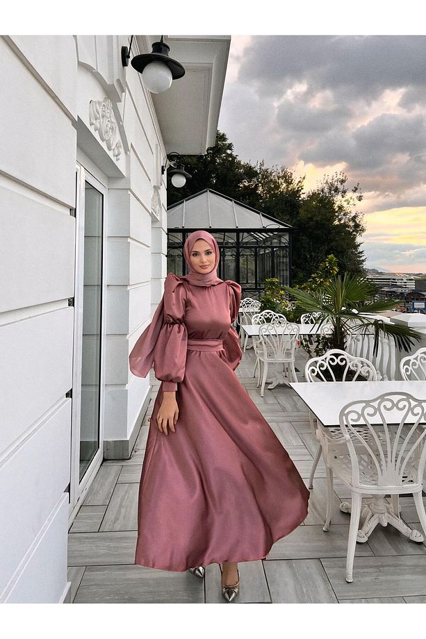 Kadın Gül Kurusu Bera Tesettür Abiye ,elbise,mezuniyet,balo,gece Elbisesi - 6
