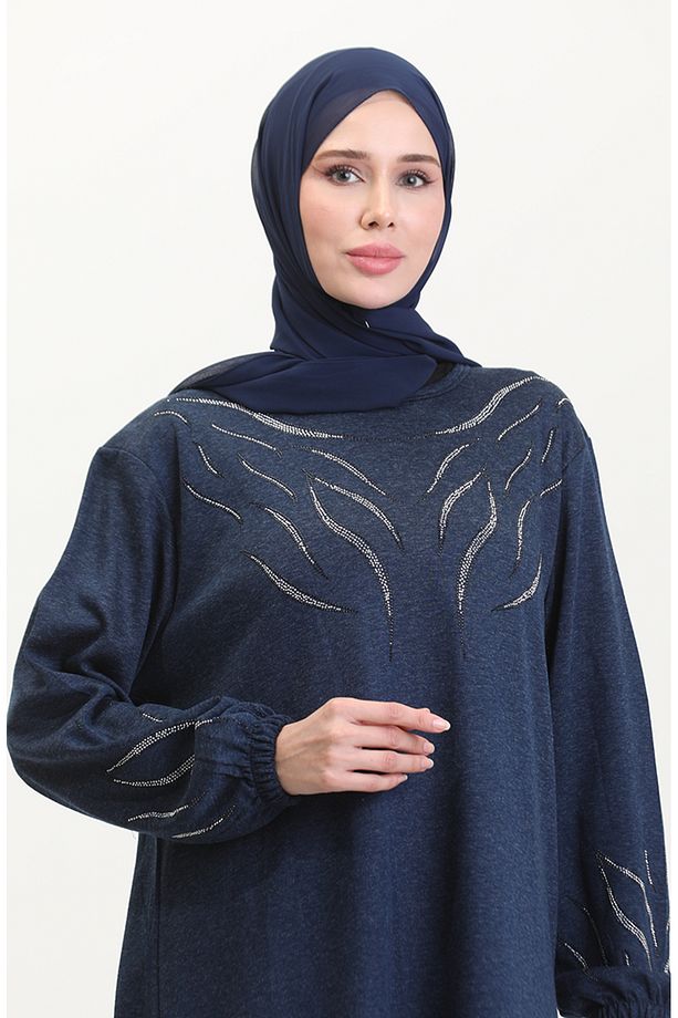 Kolu Lastikli Taşlı Elbise 0547-03 Lacivert - 3