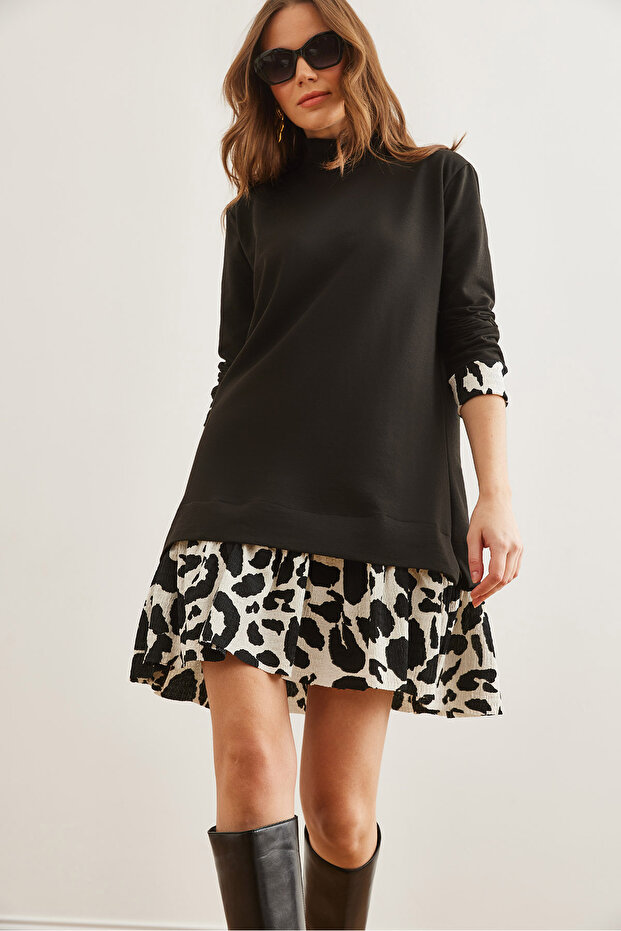 Women's Black Patterned Paneled Brioche Knit Dress ELB-19000965