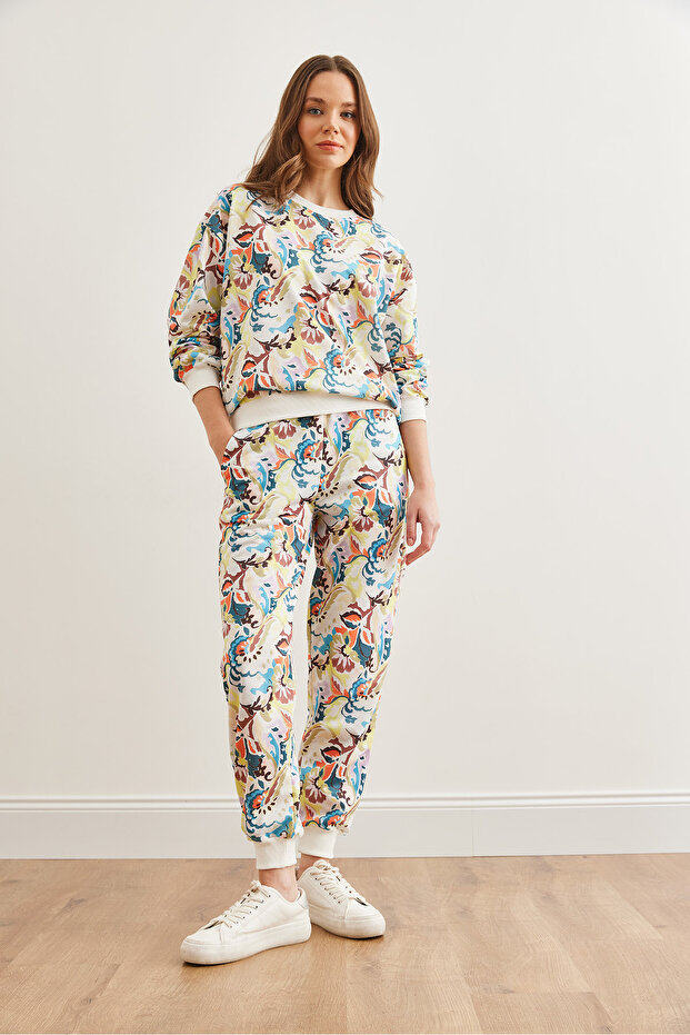 Kadın Sulu Boya Ekru Basic Eşofman Takımı ETKM-0000069 - 4