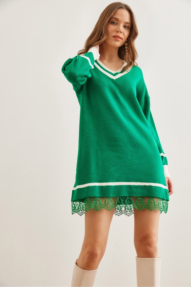 Women's Grass Green V Neck Lace Detailed Knitwear Dress Elb- 19002283