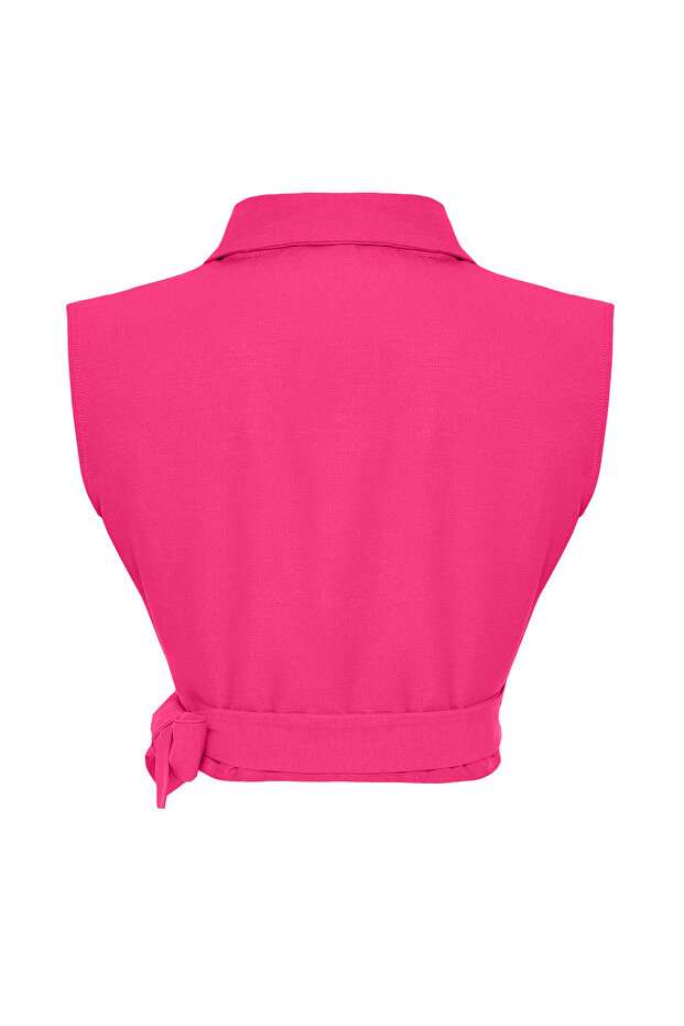 Pembe Bağlamalı Keten Görünümlü Crop Dokuma Bluz TWOSS23BZ00550 - 6