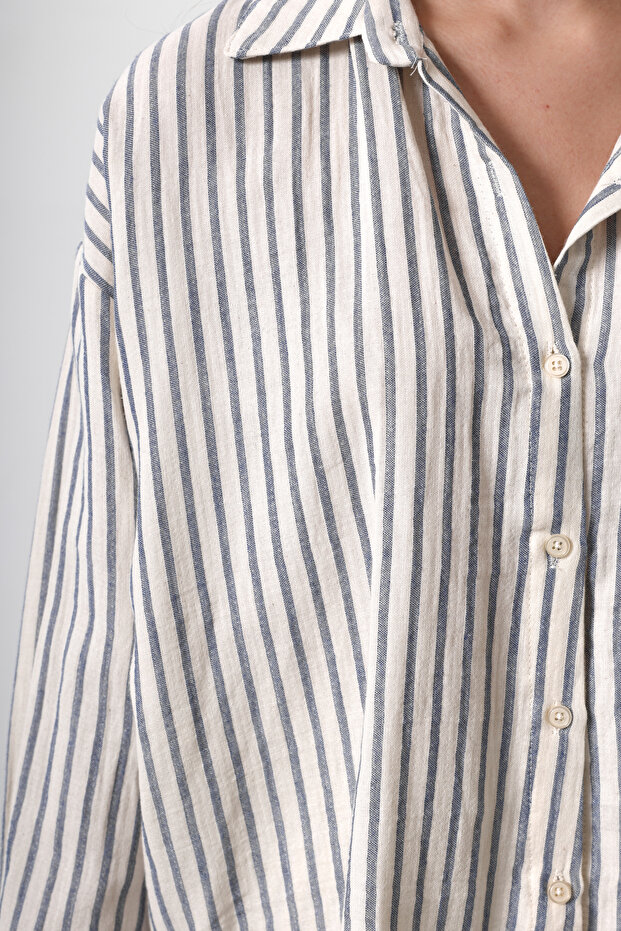 Bej Oversize Cepli Çizgili Düşük Kol Gömlek TWOSS25GO00061 - 4