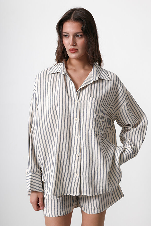 Bej Oversize Cepli Çizgili Düşük Kol Gömlek TWOSS25GO00061 - 2
