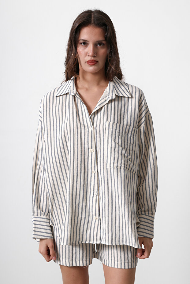 Bej Oversize Cepli Çizgili Düşük Kol Gömlek TWOSS25GO00061 - 1