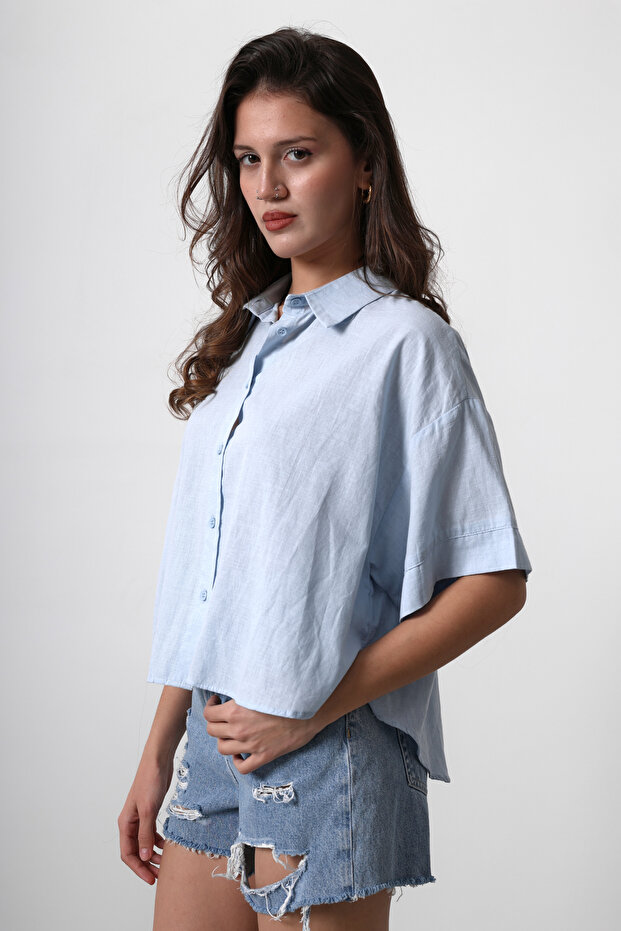 Mavi Kısa Kollu Düşük Kol Oversize Gömlek TWOSS25GO00055 - 3