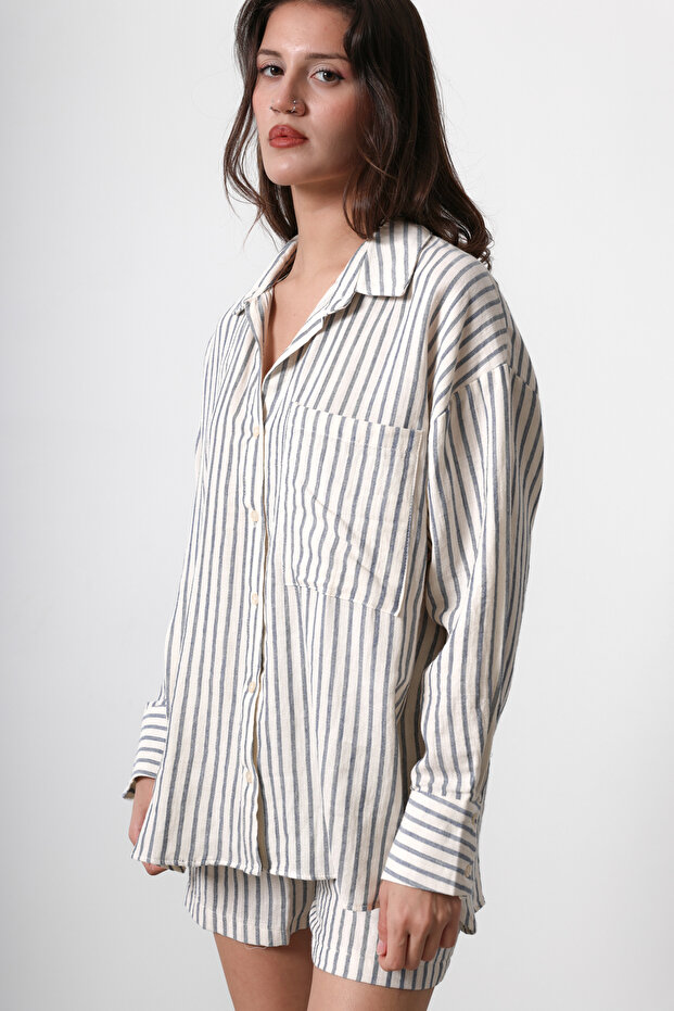 Bej Oversize Cepli Çizgili Düşük Kol Gömlek TWOSS25GO00061 - 3