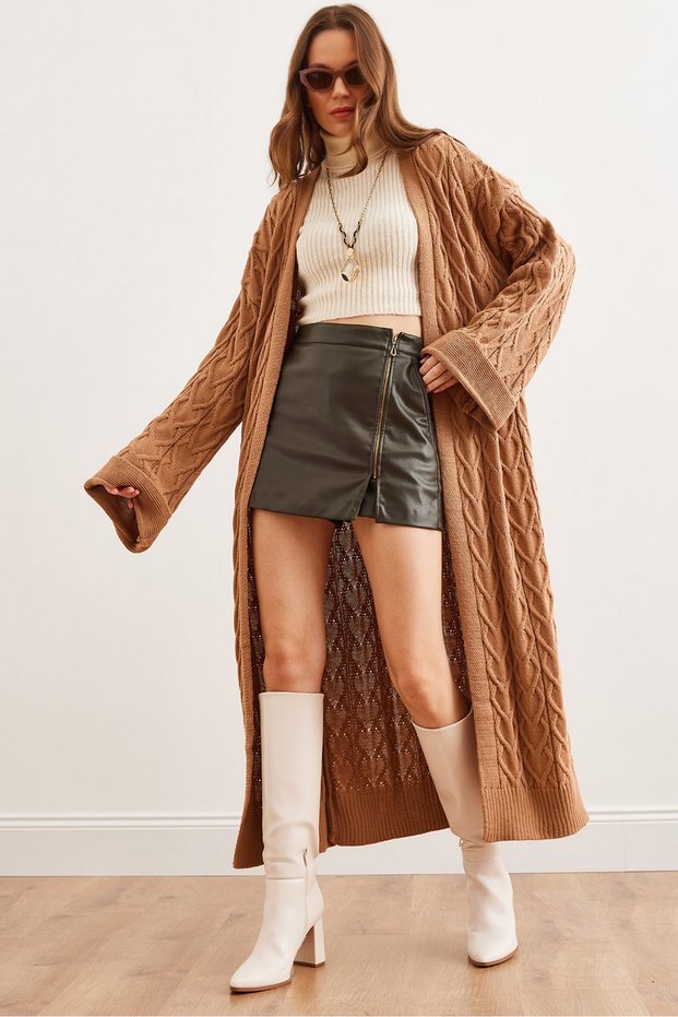 Women's Camel Hair Knit Cuff Folded Maxi Knitwear Cardigan Hrk- 19000327