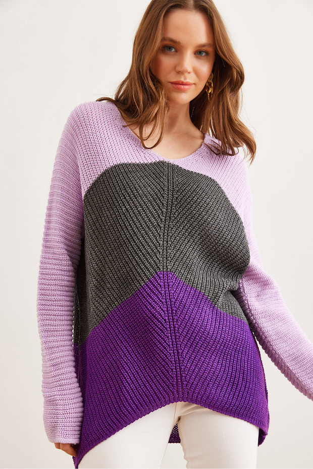 Women's Purple Lilac Color Block Striped Knitwear Sweater Kzk-19000920