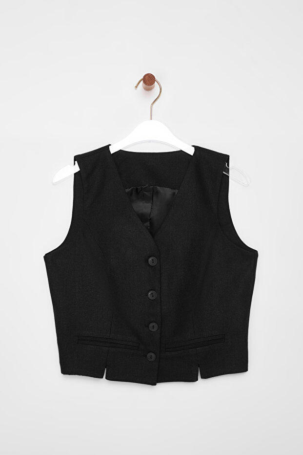 Siyah Fitted Keten Görünümlü V Yaka Crop Dokuma Yelek TWOSS25YE00028 - 8