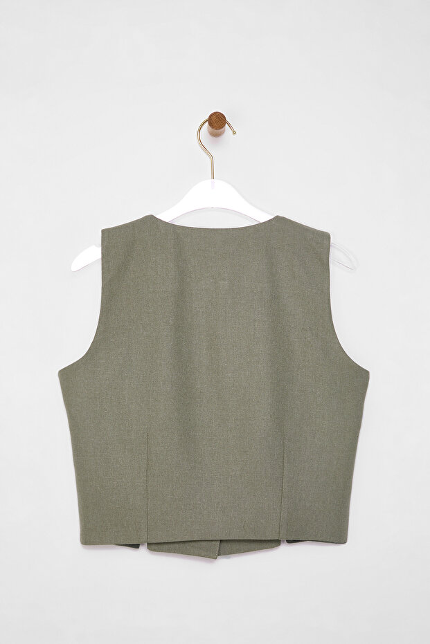 Açık Haki Fitted Keten Görünümlü V Yaka Crop Dokuma Yelek TWOSS25YE00028 - 9