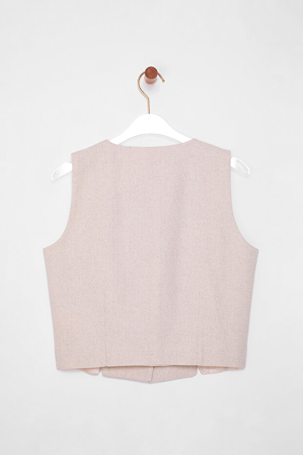 Bej Fitted Keten Görünümlü V Yaka Crop Yelek TWOSS25YE00028 - 9