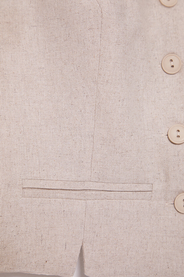 Bej Fitted Keten Görünümlü V Yaka Crop Yelek TWOSS25YE00028 - 8