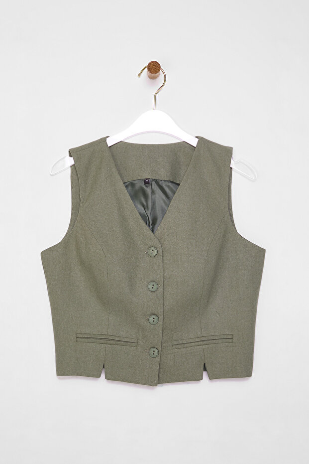 Açık Haki Fitted Keten Görünümlü V Yaka Crop Dokuma Yelek TWOSS25YE00028 - 6