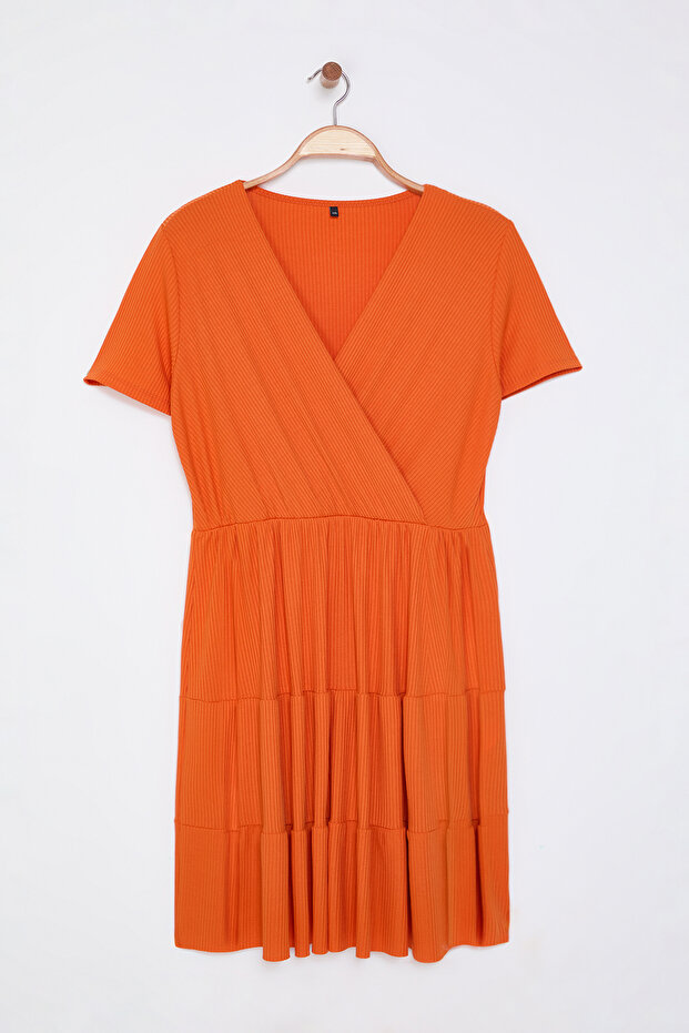 Помаранчева сукня з V-подібним вирізом Stakter Orme Plus Size TBBSS22EL1638 - 7