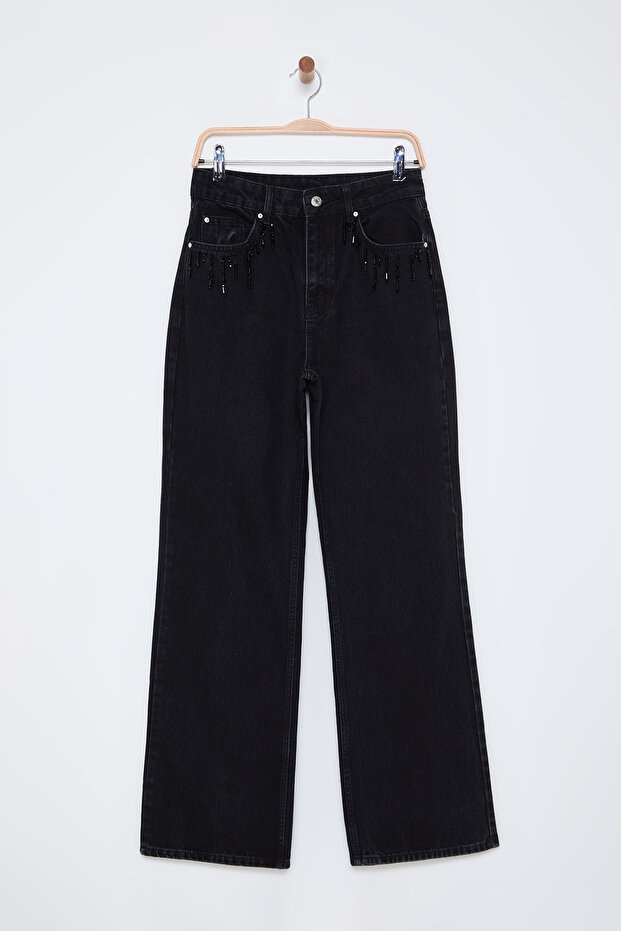 Široké nohavice s vysokým pásom a detailom vrecka z čierneho kameňa TWOSS25JE00002 - 9