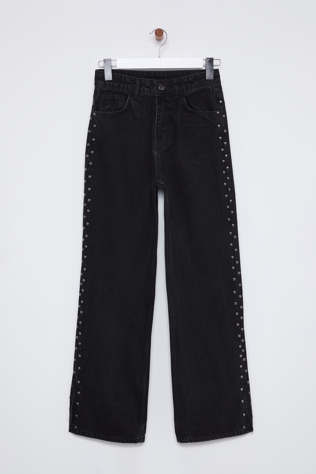 Siyah Trok Detaylı Paçası Yırtmaçlı Yüksek Bel Wide Leg Jeans TWOSS25JE00015 - 8