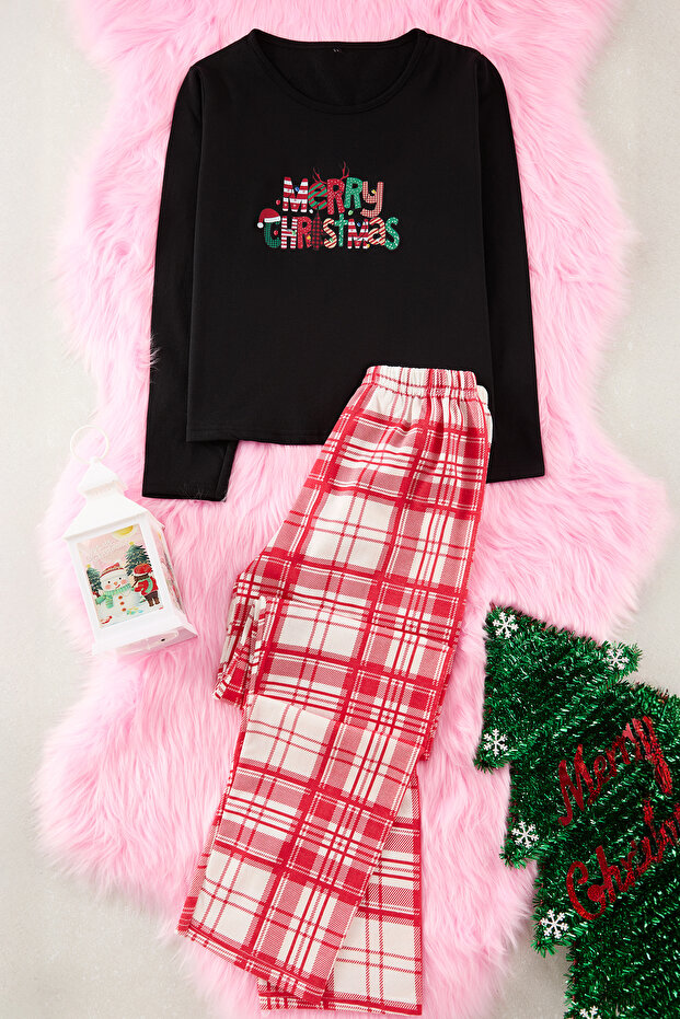 Siyah-Kırmızı Pamuklu Yılbaşı Temalı Ekoseli Örme Pijama Takımı THMAW25PT00220 - 1