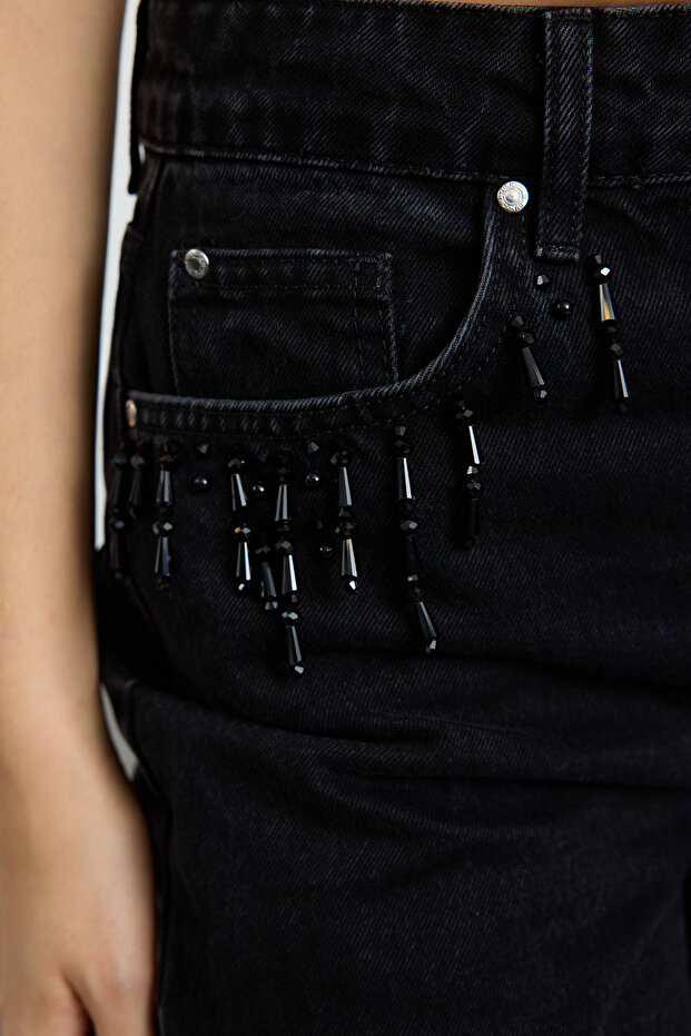 Široké nohavice s vysokým pásom a detailom vrecka z čierneho kameňa TWOSS25JE00002 - 4