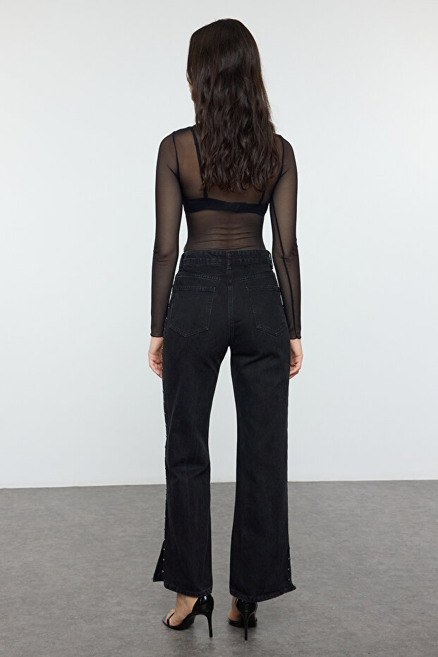 Siyah Trok Detaylı Paçası Yırtmaçlı Yüksek Bel Wide Leg Jeans TWOSS25JE00015 - 5