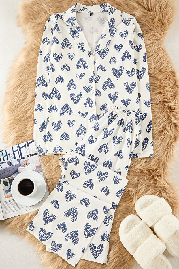 Ekru %100 Pamuklu Leopar Kalpli Örme Pijama Takımı THMAW25PT00142 - 2