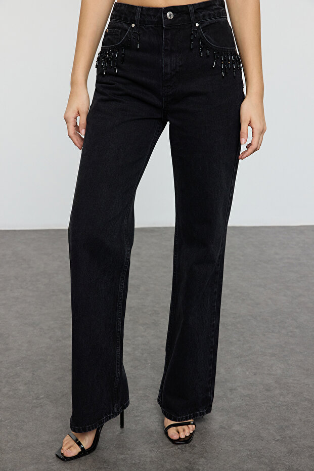 Široké nohavice s vysokým pásom a detailom vrecka z čierneho kameňa TWOSS25JE00002 - 3