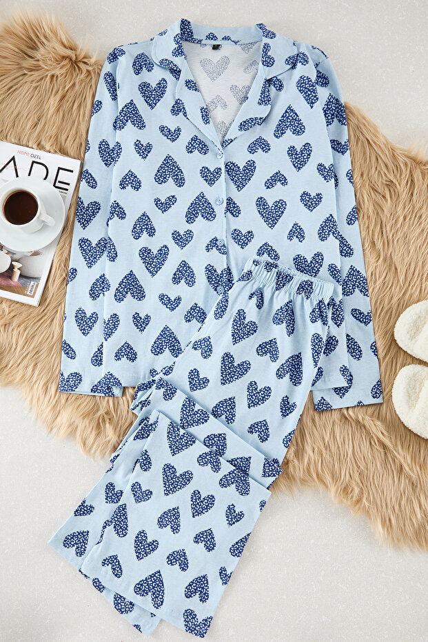 Açık Mavi %100 Pamuklu Leopar Kalpli Örme Pijama Takımı THMAW25PT00142 - 5