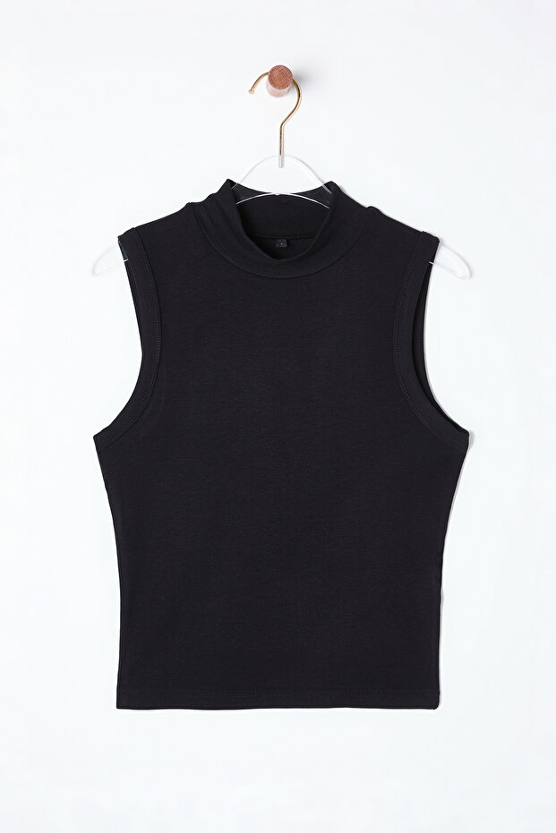 Siyah Fitted/Vücuda Oturan Dik yaka Kolsuz Esnek Örme Bluz TWOSS25BZ00038 - 3