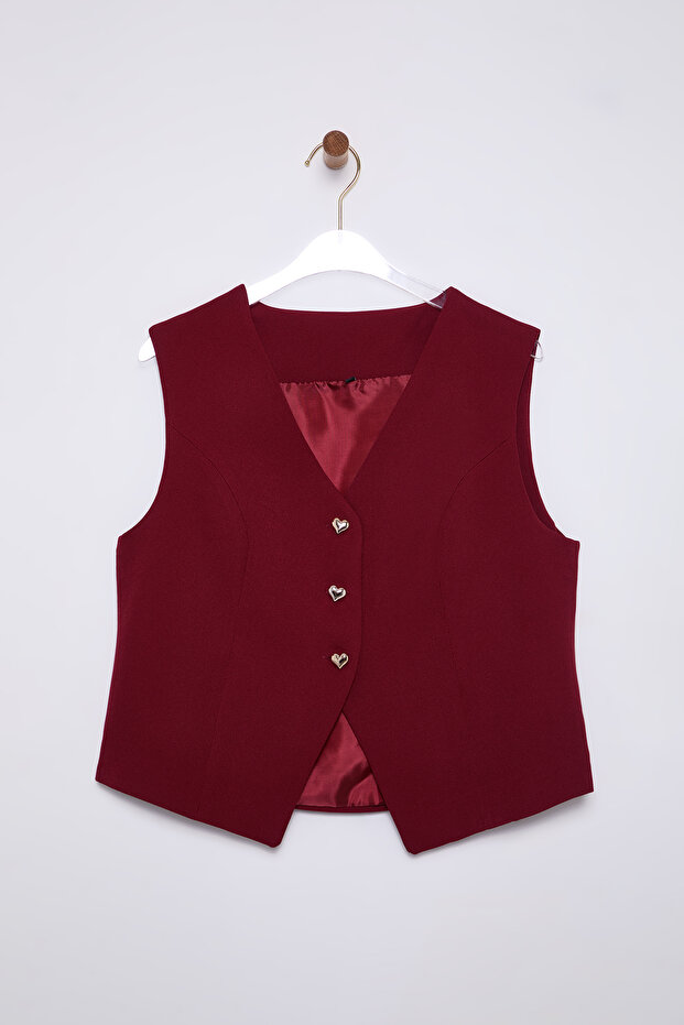 Bordo Fitted Crop Kalpli Düğmeli Dokuma Yelek TWOSS25YE00015 - 8