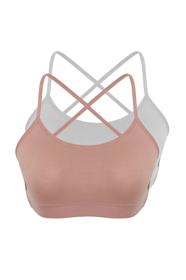 Gri-Bej 2'li Seamless/Dikişiz İp Askılı Balensiz Kapsız Bralette Örme Dekolte Sütyeni THMSS24SU00062 - 9