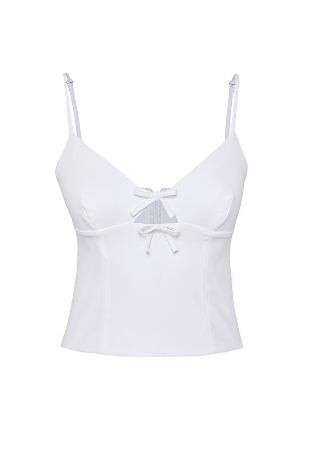 Beyaz V Yaka Askılı Crop Dokuma Bluz TWOSS25BZ00106 - 6
