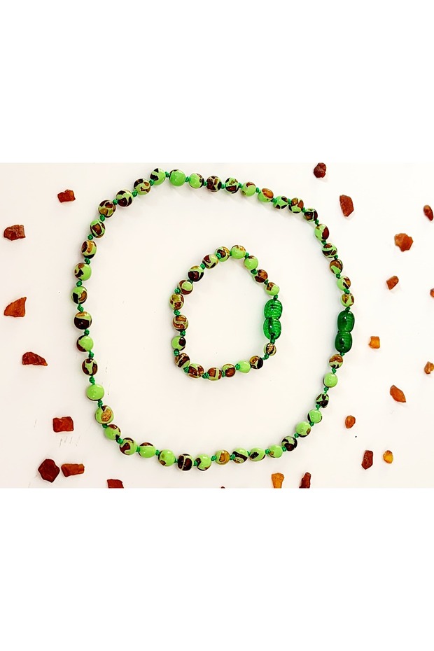 Mosaic Green Amber Kids Necklace Bracelet Set