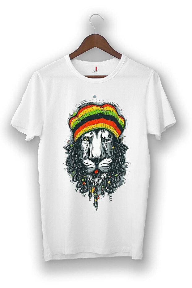 Unisex White - Illustration Lion with Bob Marley Hat - Vip Design Tshirt