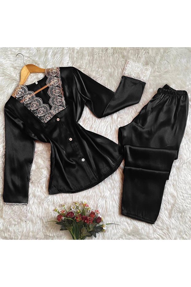 Silky Satin Pajama Set with Lace Sleeves
