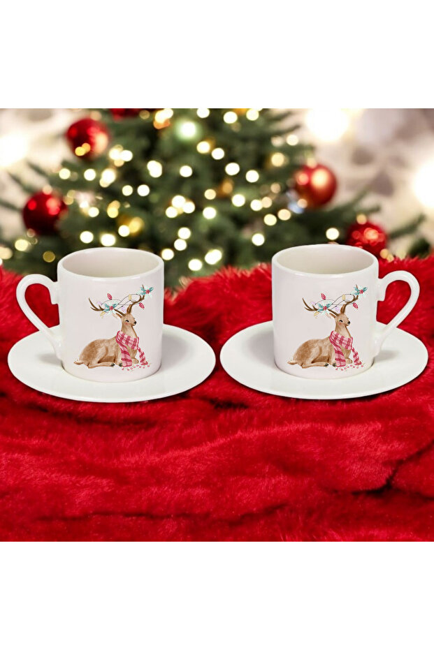 New Year's Themed Deer Patterned Porcelain Cute Turkish Coffee - New Year's Gift Double Coffee