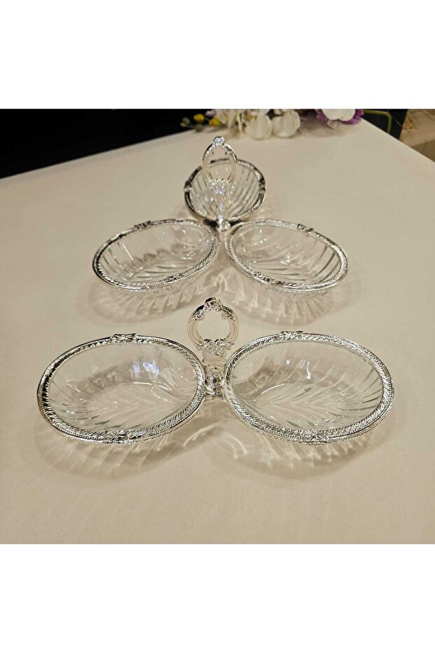 2 Pieces of 2-Section and 3-Section Cast Metal Frame Cookie Bowl with Silver Finish