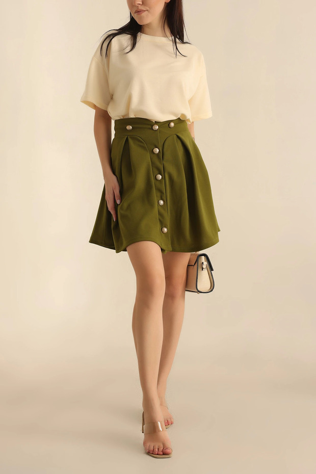 Women's Pleated Crepe Mini Skirt with Gold Buttons