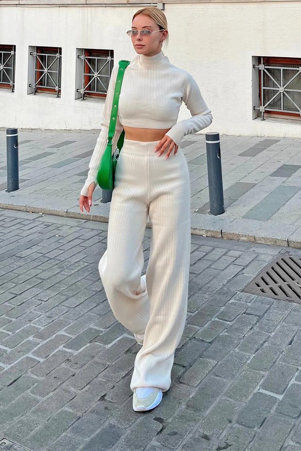 Women's Half Fisherman Knitted Crop Sweater Trousers Knitwear Top and Bottom Set