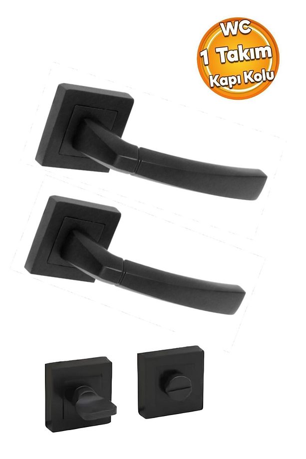 Kare Rozetli Mat Siyah Planet WC Kapı Kolu / 1 Takım (Ön Ve Arka) - 1