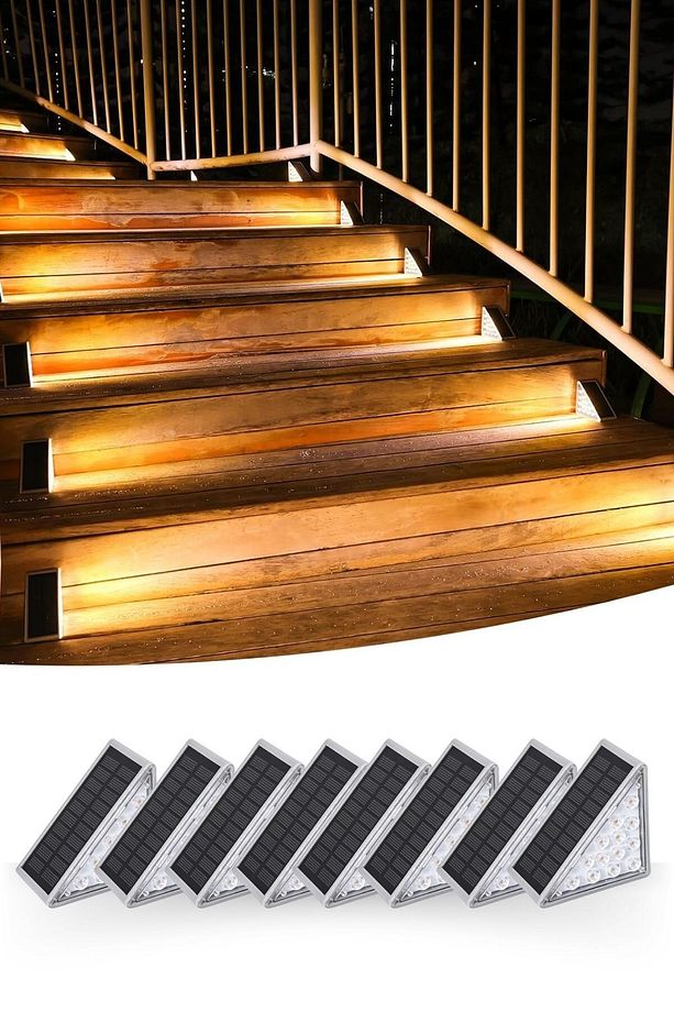 8 Adet Üçgen  Güneş Enerjisi İle Şarj Olan Dış Mekan Solar Basamak Köşe Lambası - 1